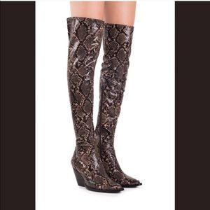 Jeffrey Campbell high high snake print boots